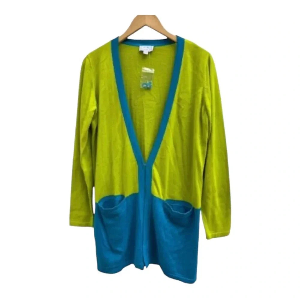Joan Rivers Color Block Boyfriend Cardigan Size S Lime Turquoise Colorblock‎ New